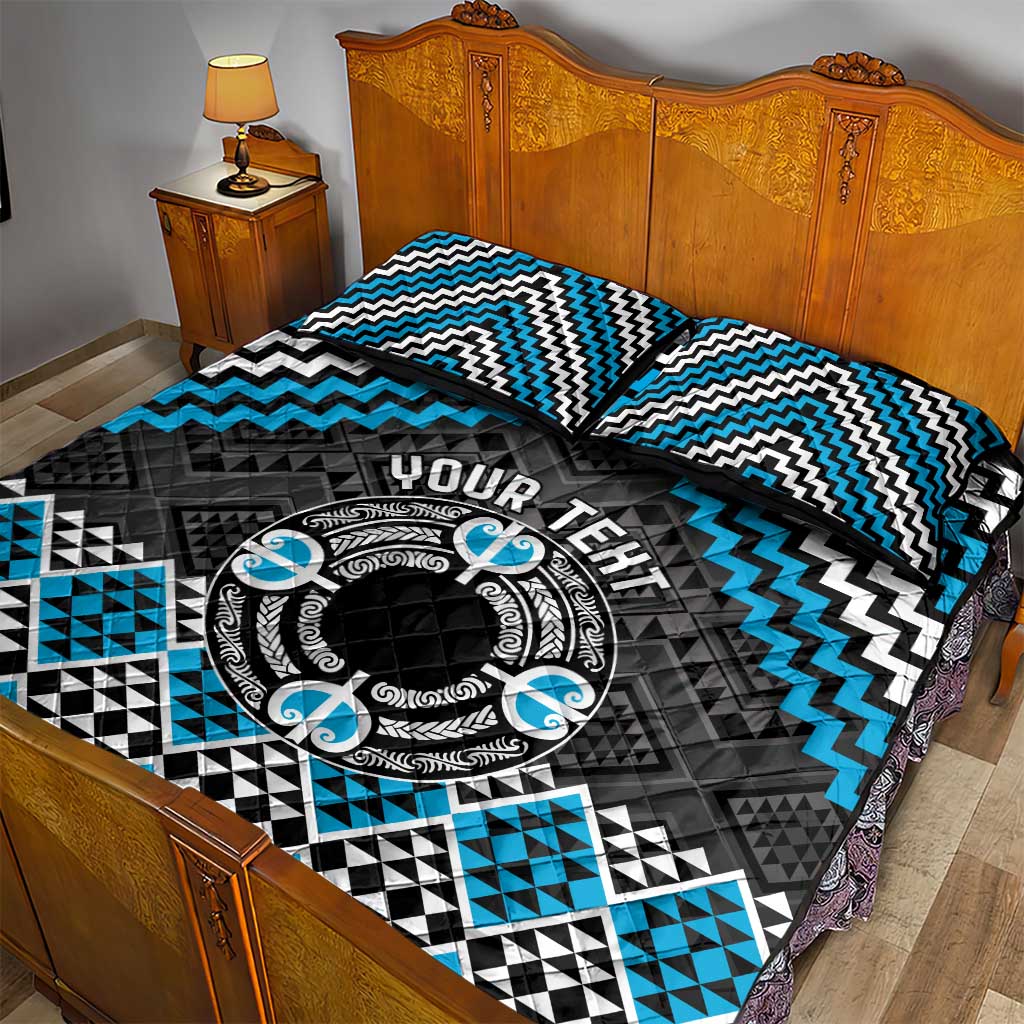 Personalised Aotearoa Niho Taniwha Motif Quilt Bed Set Blue Style