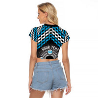 Personalised Aotearoa Niho Taniwha Motif Raglan Cropped T Shirt Blue Style