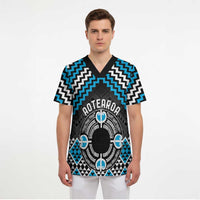 Personalised Aotearoa Niho Taniwha Motif Scrub Top Blue Style - Polynesian Pride