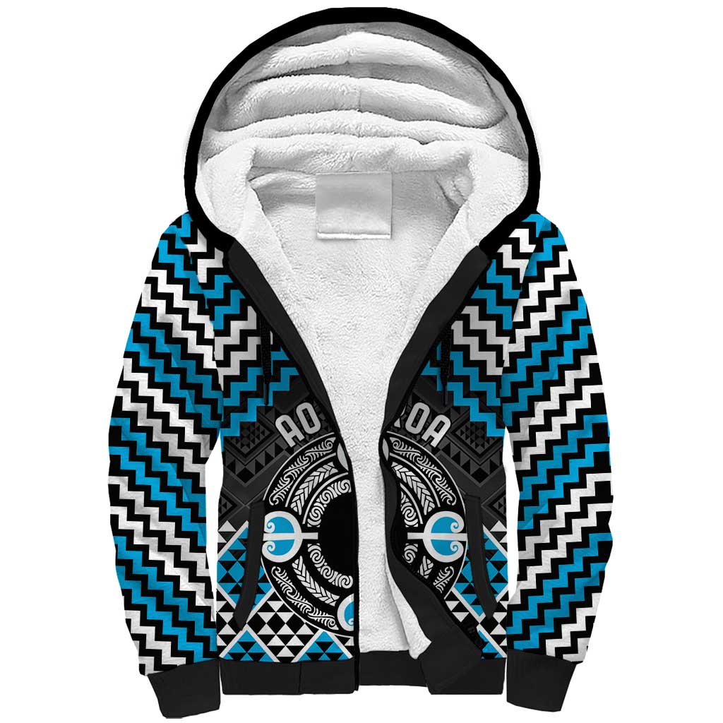 Personalised Aotearoa Niho Taniwha Motif Sherpa Hoodie Blue Style