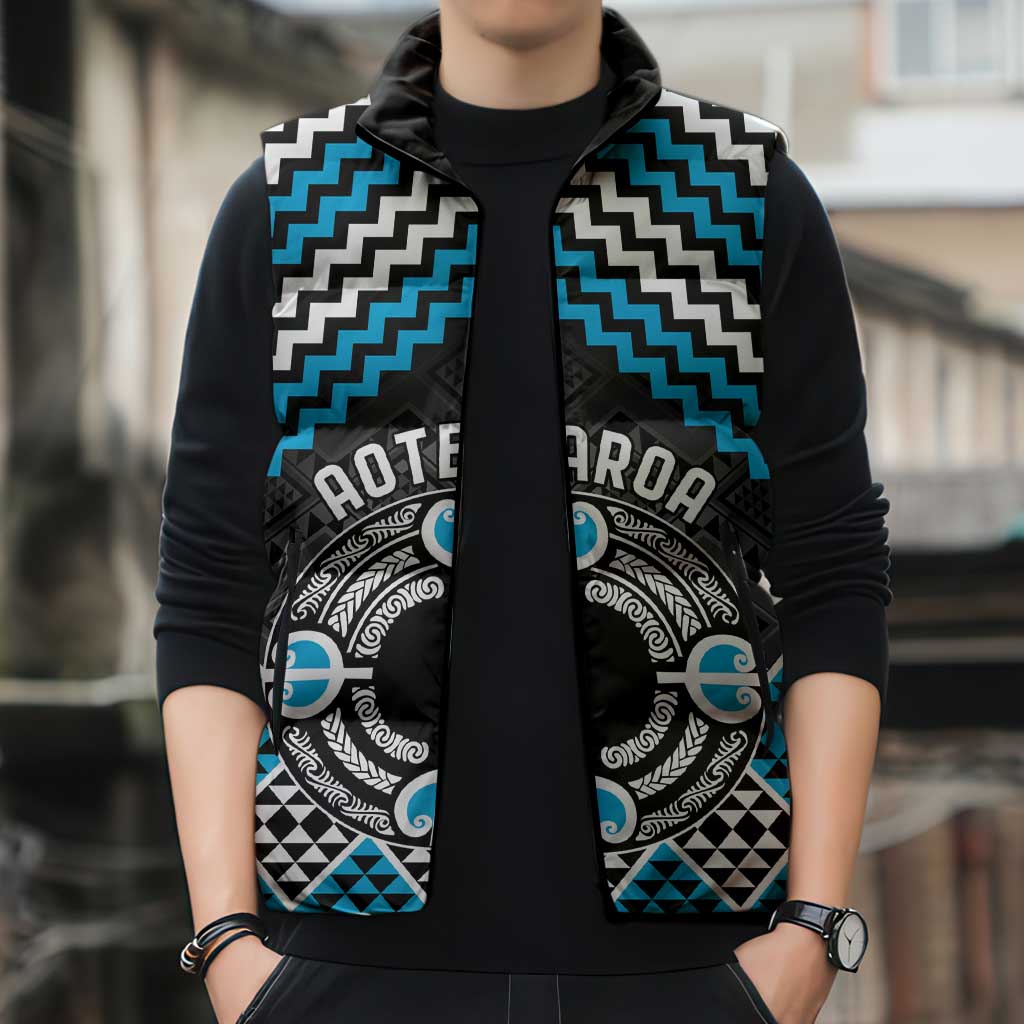 Personalised Aotearoa Niho Taniwha Motif Sleeveless Puffer Jacket Blue Style - Polynesian Pride