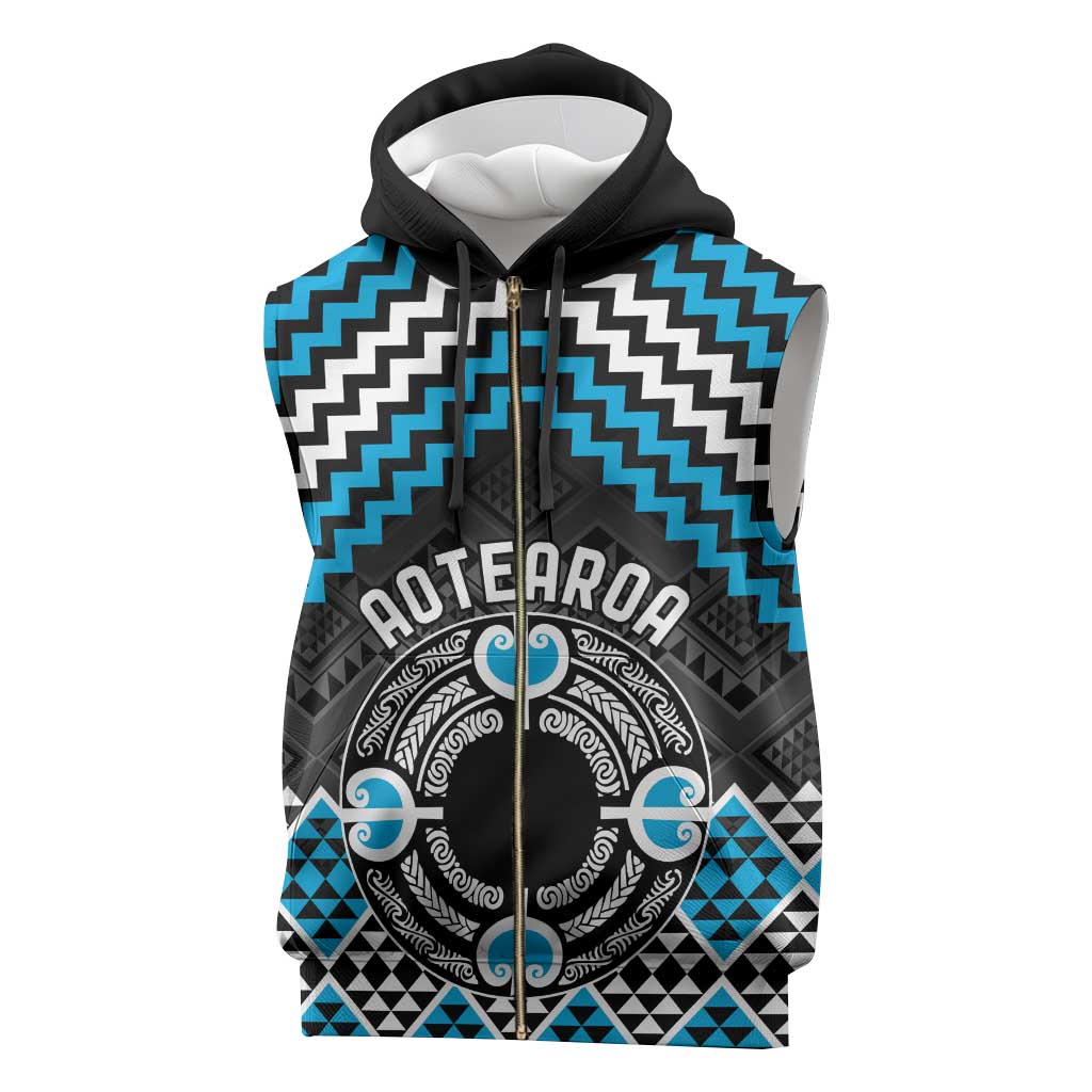 Personalised Aotearoa Niho Taniwha Motif Sleeveless Zip Hoodie Blue Style - Polynesian Pride