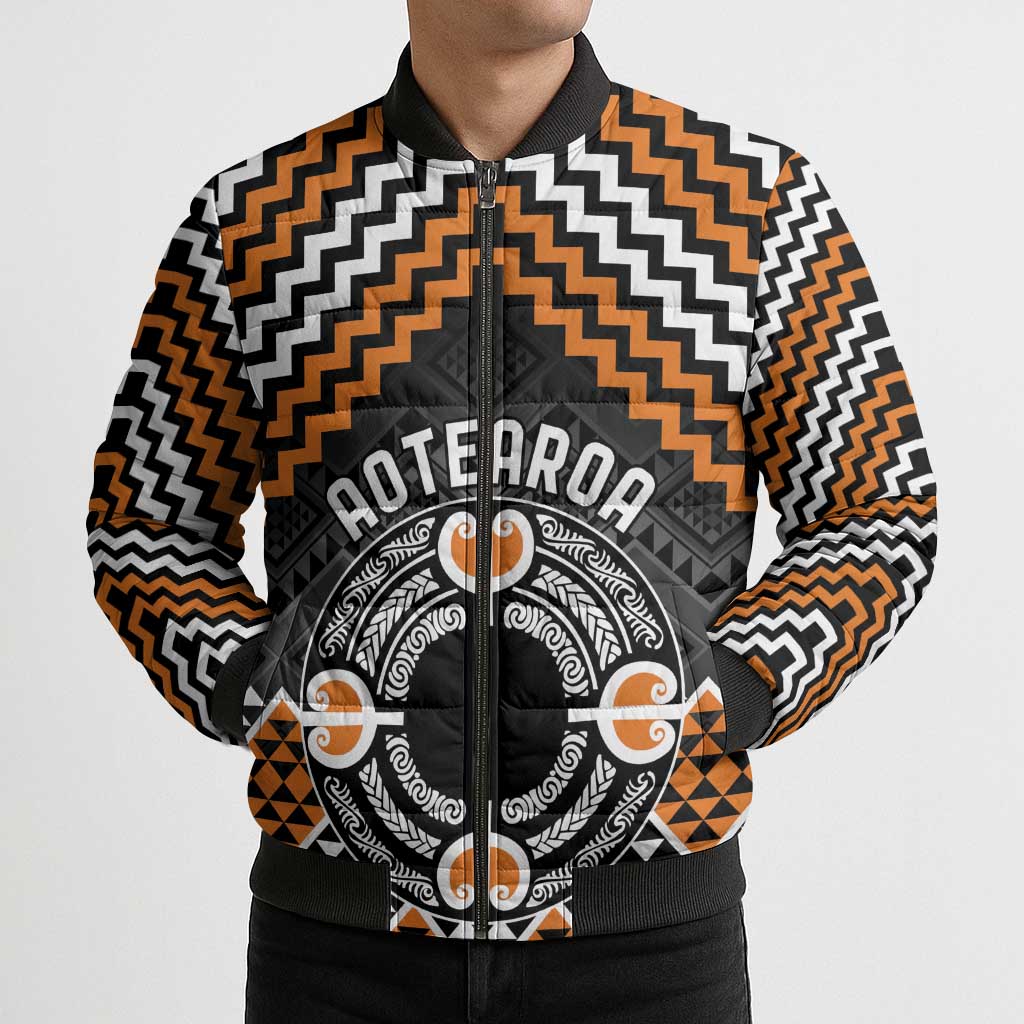 Personalised Aotearoa Niho Taniwha Motif Bomber Puffer Jacket Gold Style - Polynesian Pride