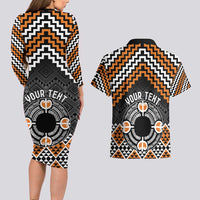 Personalised Aotearoa Niho Taniwha Motif Couples Matching Long Sleeve Bodycon Dress and Hawaiian Shirt Gold Style LT9 - Polynesian Pride