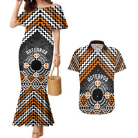 Personalised Aotearoa Niho Taniwha Motif Couples Matching Mermaid Dress and Hawaiian Shirt Gold Style LT9 Gold - Polynesian Pride