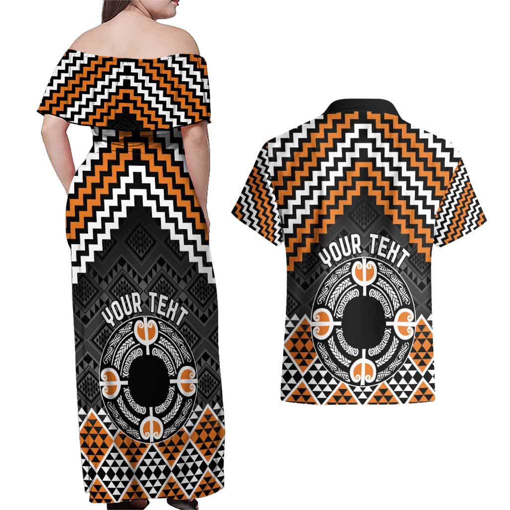Personalised Aotearoa Niho Taniwha Motif Couples Matching Off Shoulder Maxi Dress and Hawaiian Shirt Gold Style LT9 - Polynesian Pride