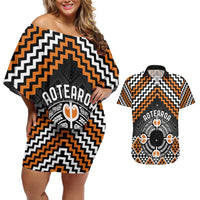 Personalised Aotearoa Niho Taniwha Motif Couples Matching Off Shoulder Short Dress and Hawaiian Shirt Gold Style LT9 Gold - Polynesian Pride