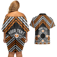 Personalised Aotearoa Niho Taniwha Motif Couples Matching Off Shoulder Short Dress and Hawaiian Shirt Gold Style LT9 - Polynesian Pride