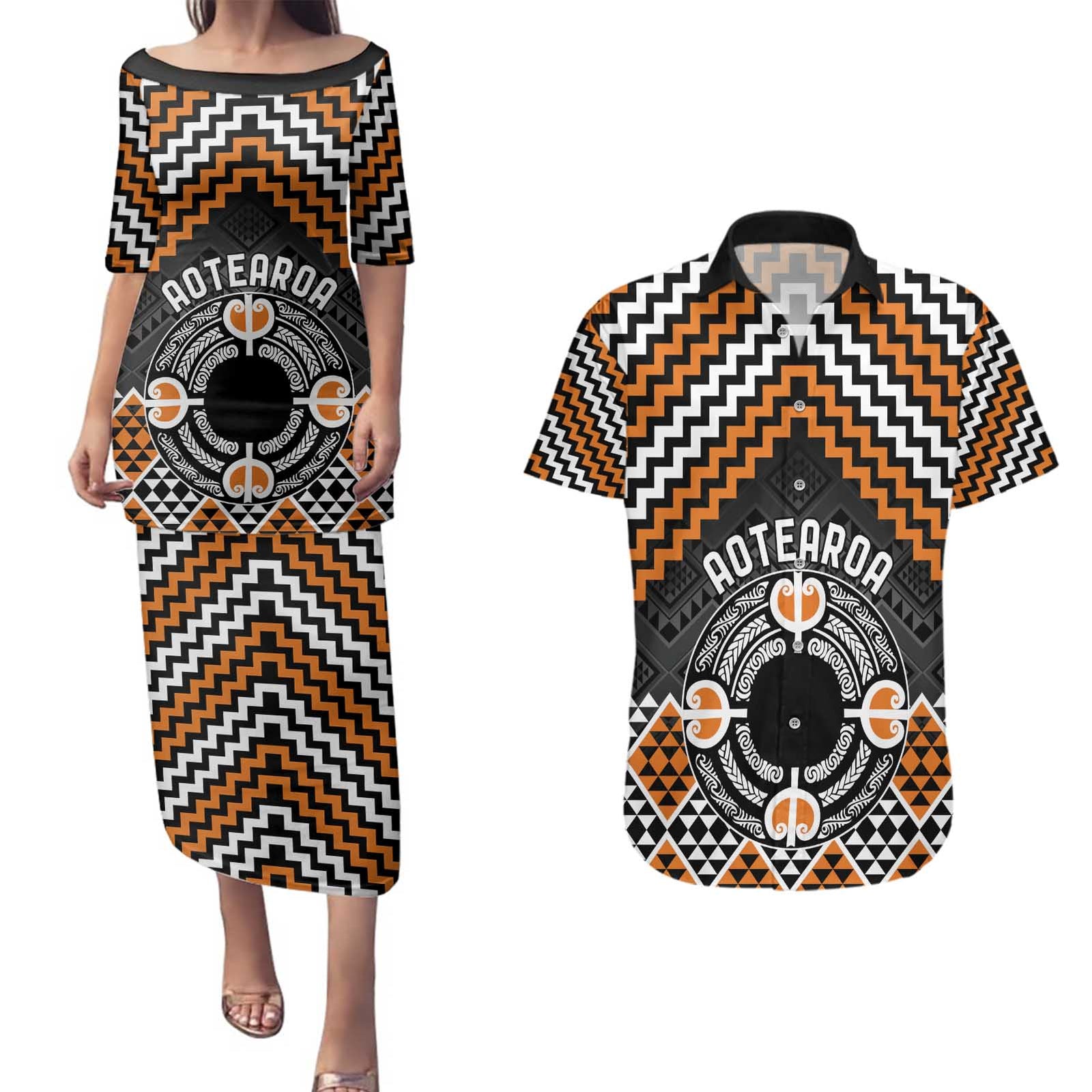 Personalised Aotearoa Niho Taniwha Motif Couples Matching Puletasi and Hawaiian Shirt Gold Style LT9 Gold - Polynesian Pride