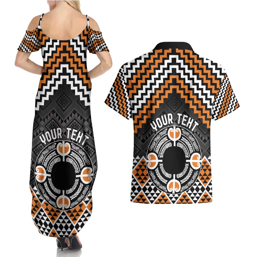 Personalised Aotearoa Niho Taniwha Motif Couples Matching Summer Maxi Dress and Hawaiian Shirt Gold Style LT9 - Polynesian Pride