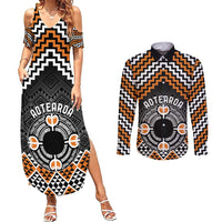 Personalised Aotearoa Niho Taniwha Motif Couples Matching Summer Maxi Dress and Long Sleeve Button Shirt Gold Style