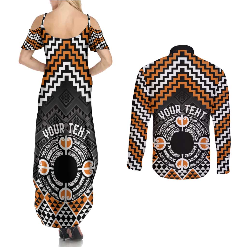 Personalised Aotearoa Niho Taniwha Motif Couples Matching Summer Maxi Dress and Long Sleeve Button Shirt Gold Style