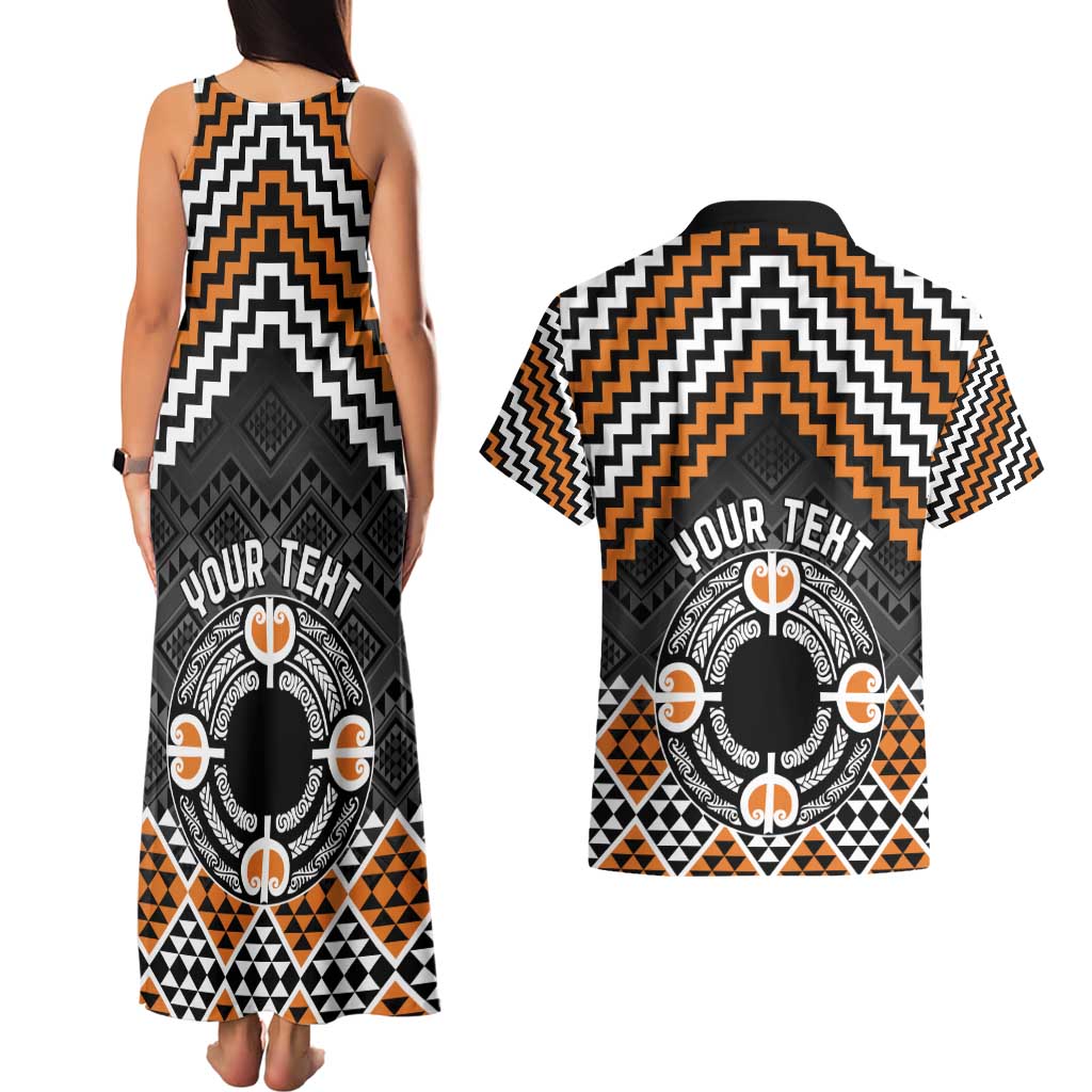 Personalised Aotearoa Niho Taniwha Motif Couples Matching Tank Maxi Dress and Hawaiian Shirt Gold Style LT9 - Polynesian Pride