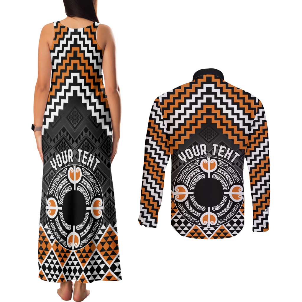 Personalised Aotearoa Niho Taniwha Motif Couples Matching Tank Maxi Dress and Long Sleeve Button Shirt Gold Style LT9 - Polynesian Pride