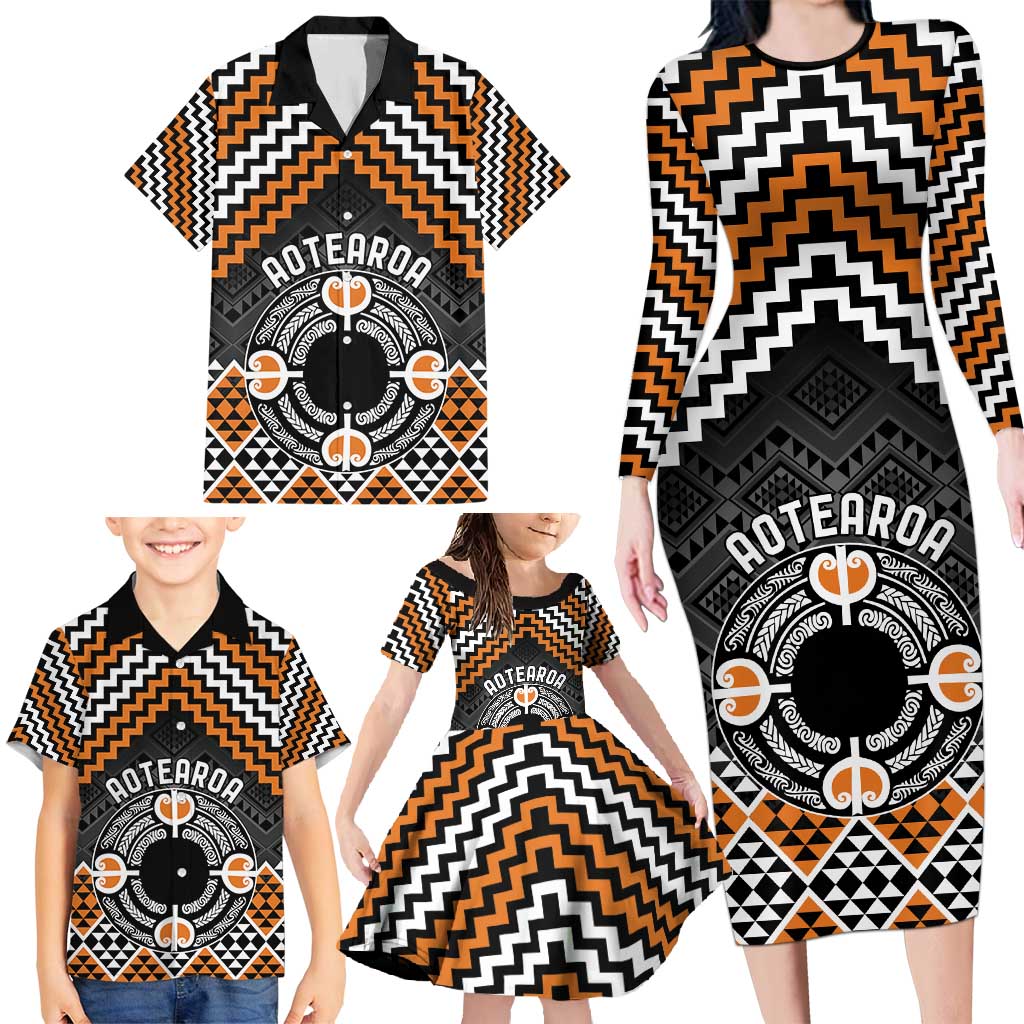 Personalised Aotearoa Niho Taniwha Motif Family Matching Long Sleeve Bodycon Dress and Hawaiian Shirt Gold Style LT9 - Polynesian Pride