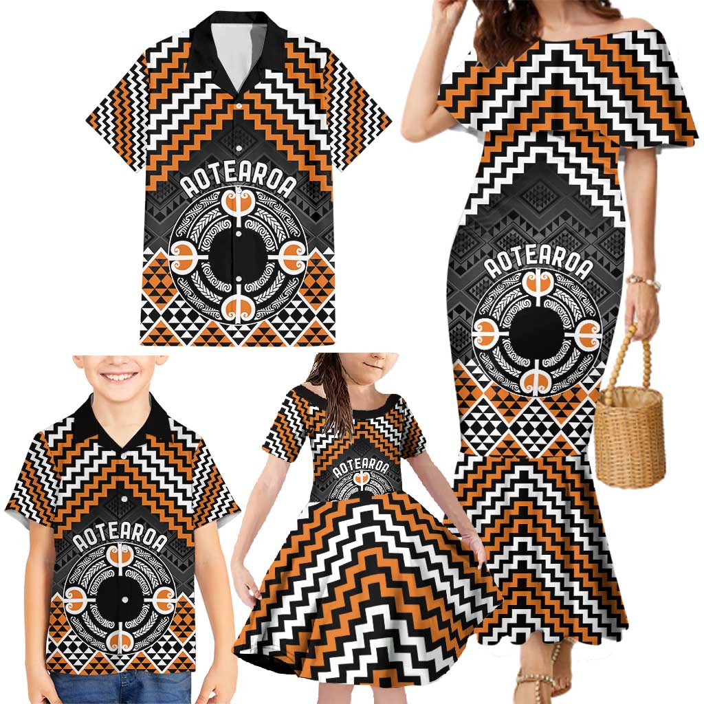 Personalised Aotearoa Niho Taniwha Motif Family Matching Mermaid Dress and Hawaiian Shirt Gold Style