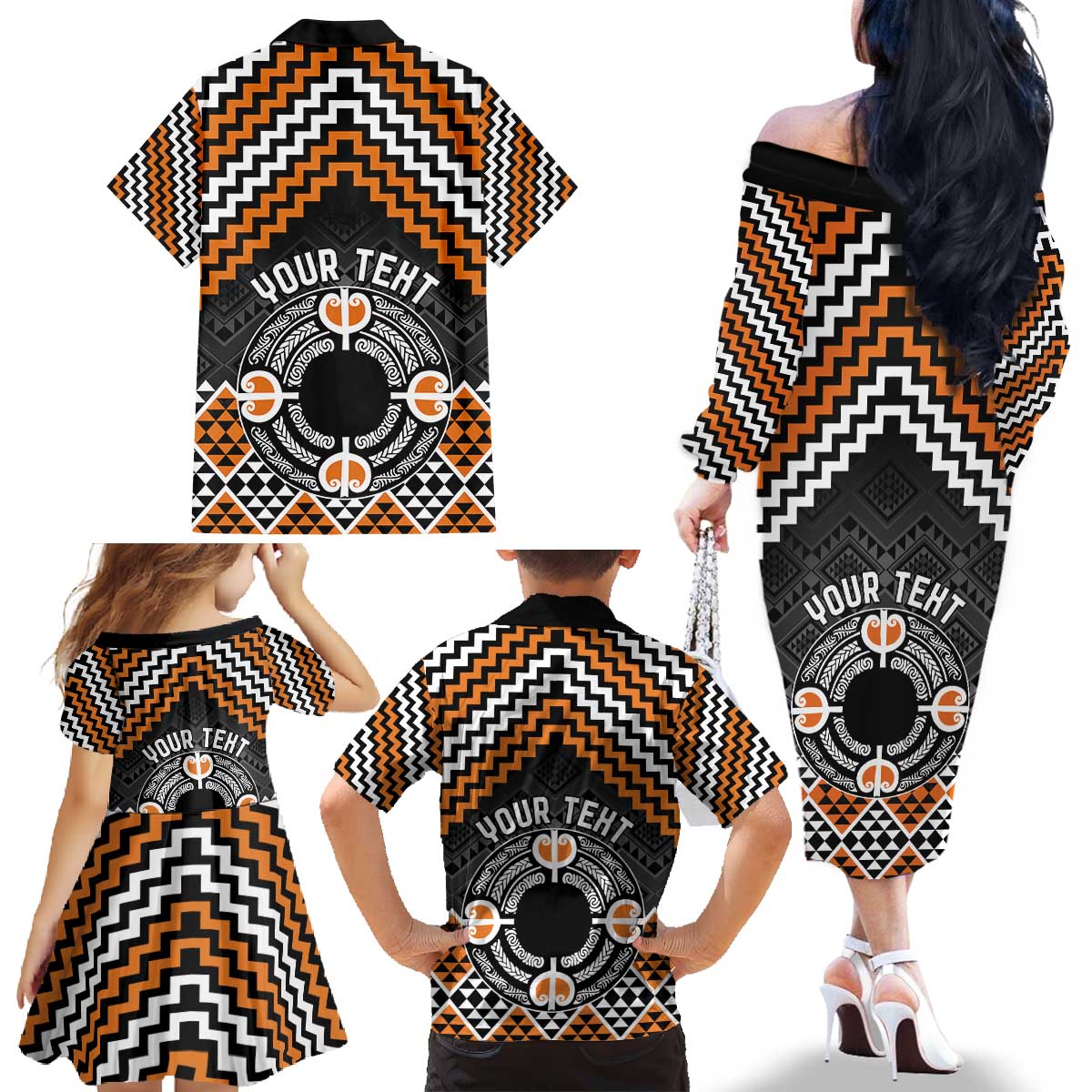 Personalised Aotearoa Niho Taniwha Motif Family Matching Off The Shoulder Long Sleeve Dress and Hawaiian Shirt Gold Style
