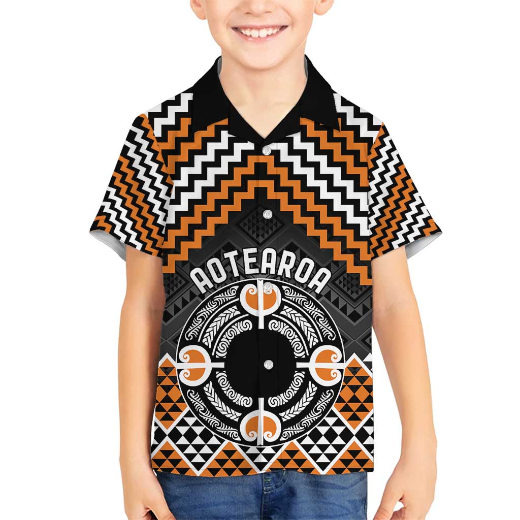 Personalised Aotearoa Niho Taniwha Motif Family Matching Puletasi and Hawaiian Shirt Gold Style LT9 Son's Shirt Gold - Polynesian Pride