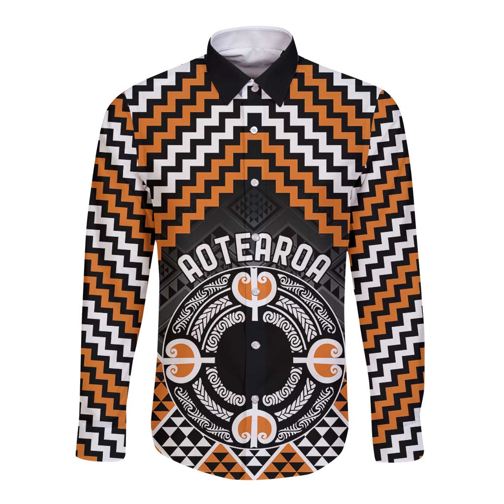 Personalised Aotearoa Niho Taniwha Motif Long Sleeve Button Shirt Gold Style LT9 Unisex Gold - Polynesian Pride