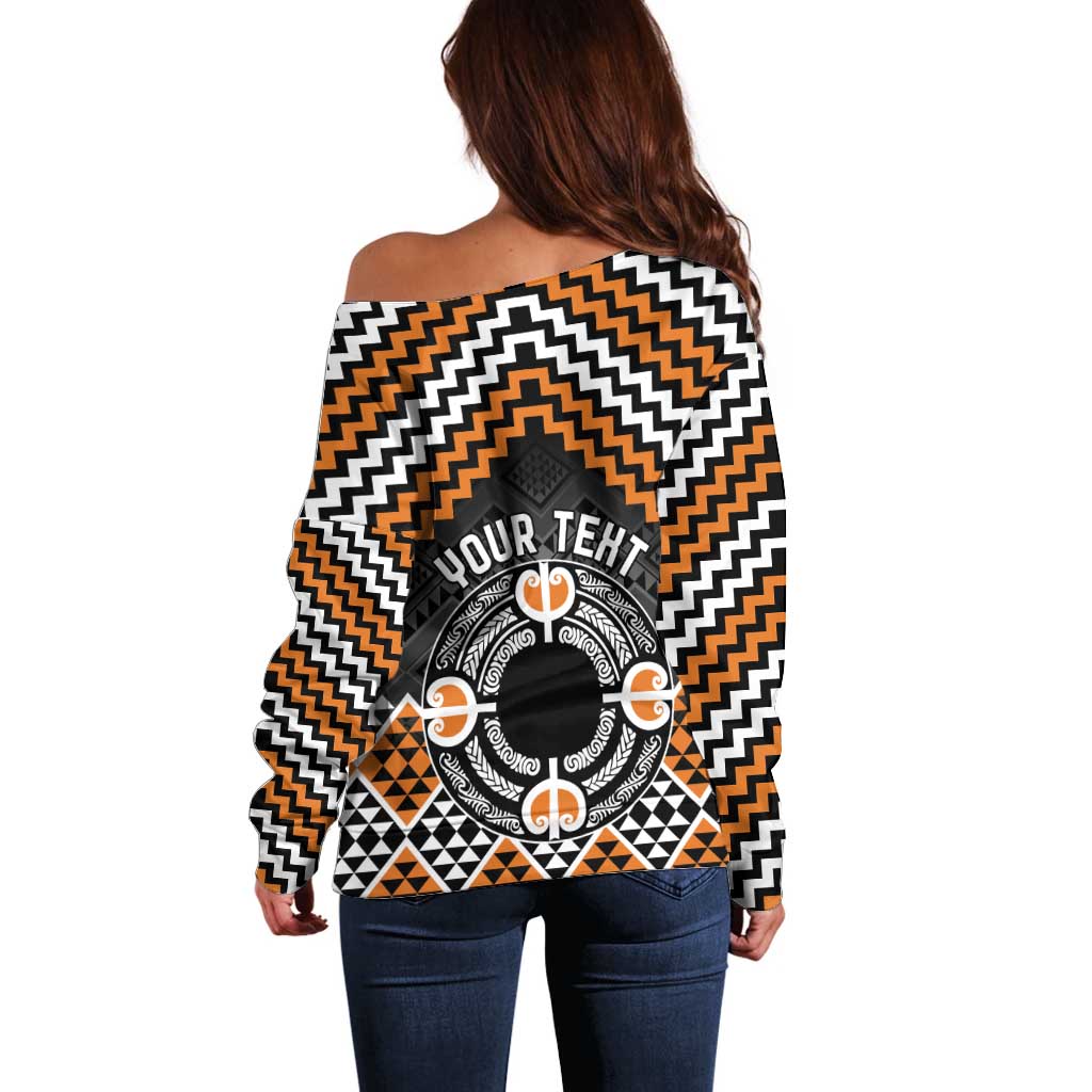 Personalised Aotearoa Niho Taniwha Motif Off Shoulder Sweater Gold Style