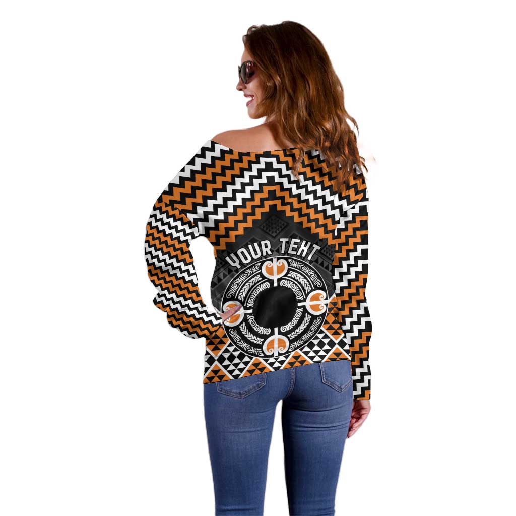 Personalised Aotearoa Niho Taniwha Motif Off Shoulder Sweater Gold Style