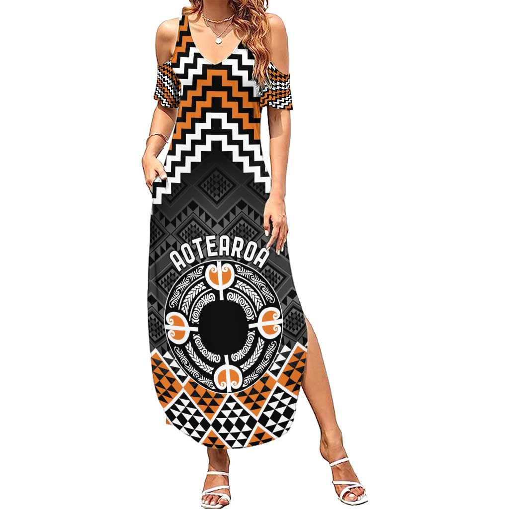 Personalised Aotearoa Niho Taniwha Motif Summer Maxi Dress Gold Style