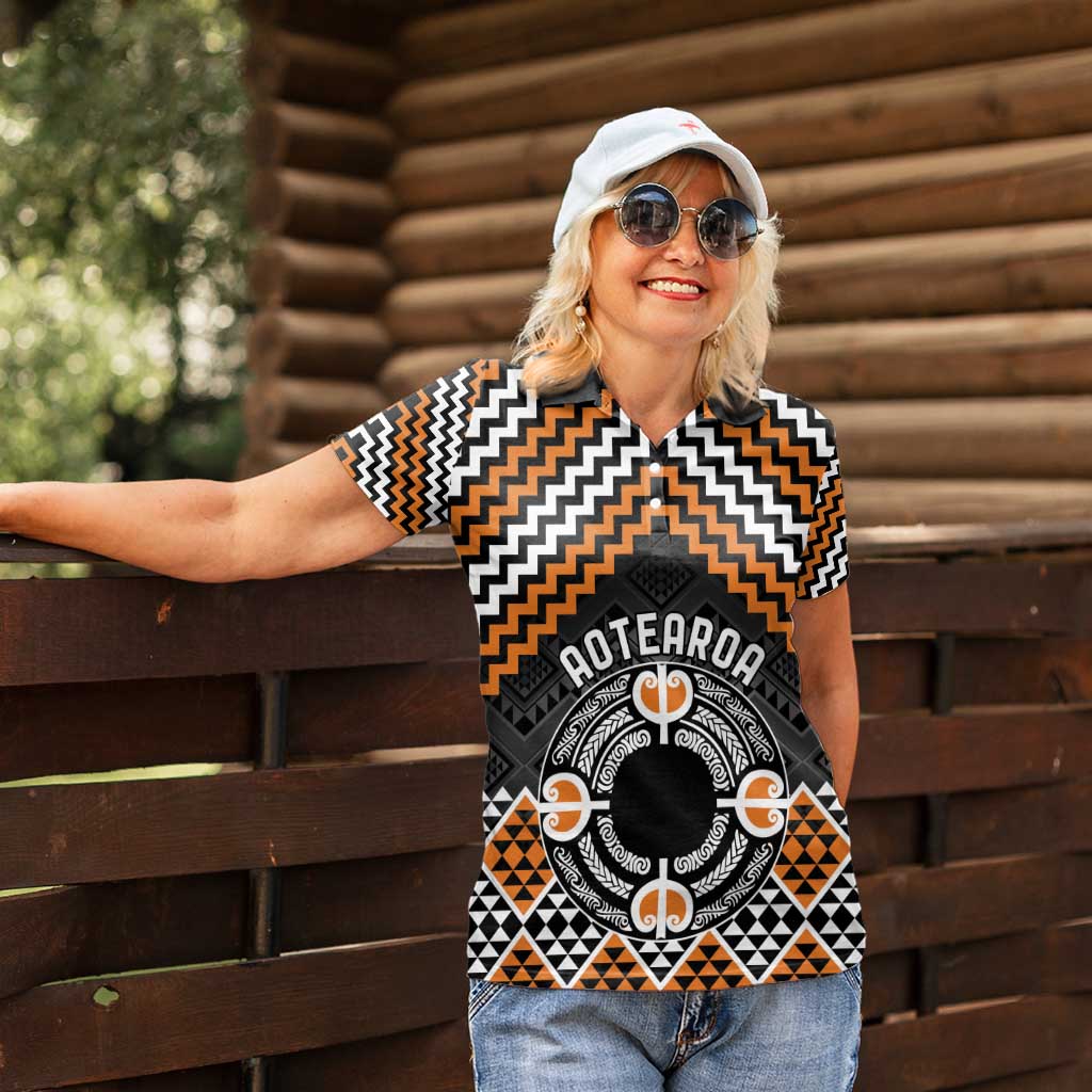 Personalised Aotearoa Niho Taniwha Motif Women Polo Shirt Gold Style