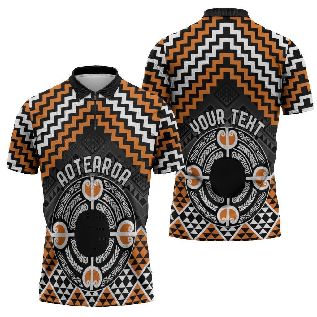 Personalised Aotearoa Niho Taniwha Motif Zipper Polo Shirt Gold Style - Polynesian Pride