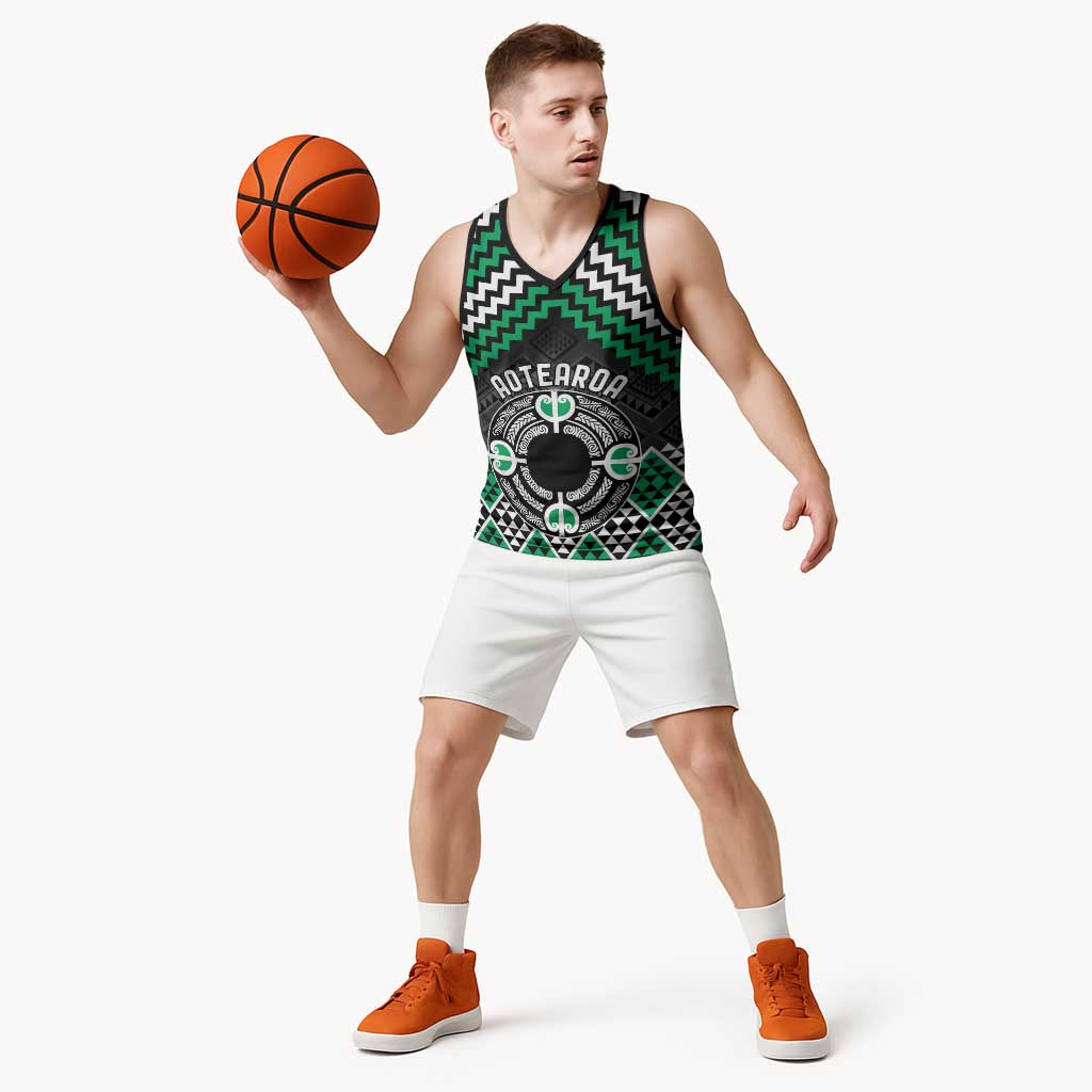 Personalised Aotearoa Niho Taniwha Motif Basketball Jersey Green Style - Polynesian Pride