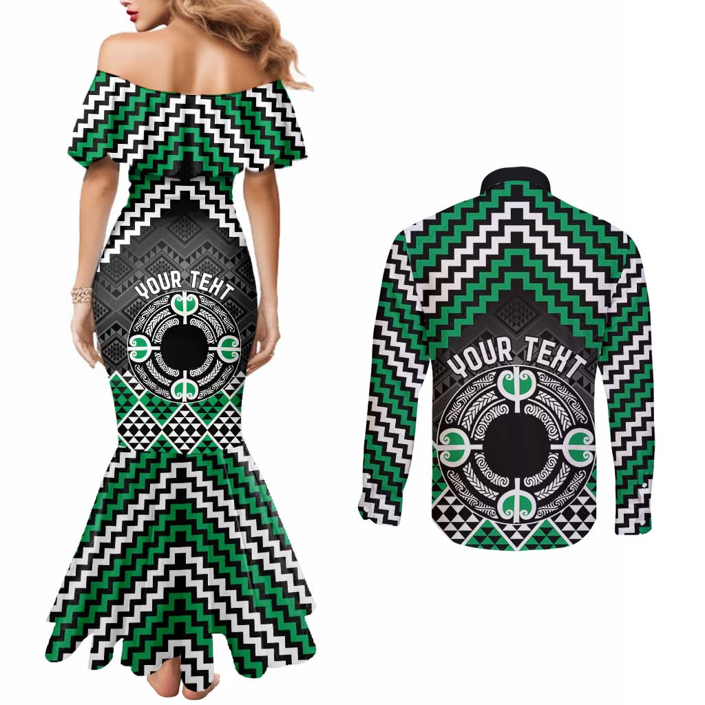 Personalised Aotearoa Niho Taniwha Motif Couples Matching Mermaid Dress and Long Sleeve Button Shirt Green Style LT9 - Polynesian Pride
