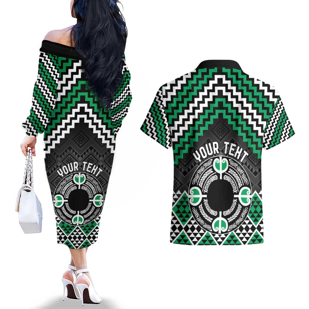 Personalised Aotearoa Niho Taniwha Motif Couples Matching Off The Shoulder Long Sleeve Dress and Hawaiian Shirt Green Style