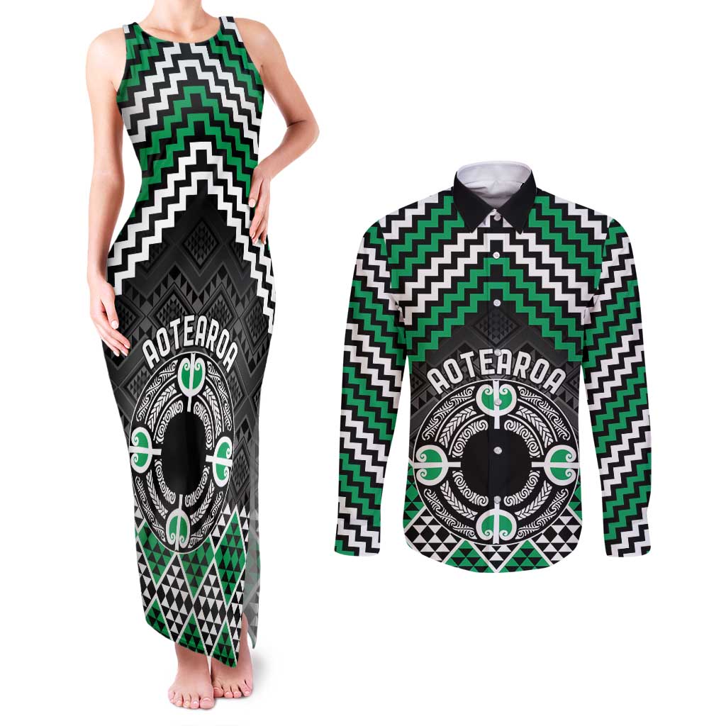 Personalised Aotearoa Niho Taniwha Motif Couples Matching Tank Maxi Dress and Long Sleeve Button Shirt Green Style