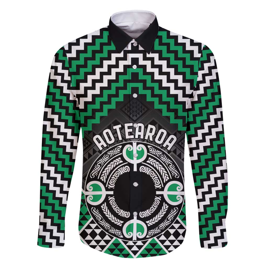 Personalised Aotearoa Niho Taniwha Motif Family Matching Long Sleeve Bodycon Dress and Hawaiian Shirt Green Style LT9 Dad's Shirt - Long Sleeve Green - Polynesian Pride