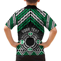 Personalised Aotearoa Niho Taniwha Motif Family Matching Off The Shoulder Long Sleeve Dress and Hawaiian Shirt Green Style
