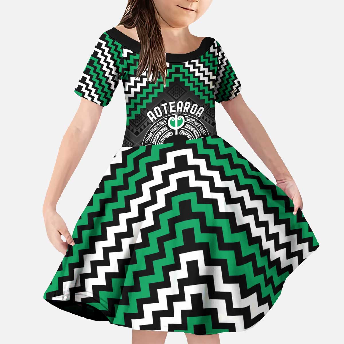 Personalised Aotearoa Niho Taniwha Motif Family Matching Off The Shoulder Long Sleeve Dress and Hawaiian Shirt Green Style