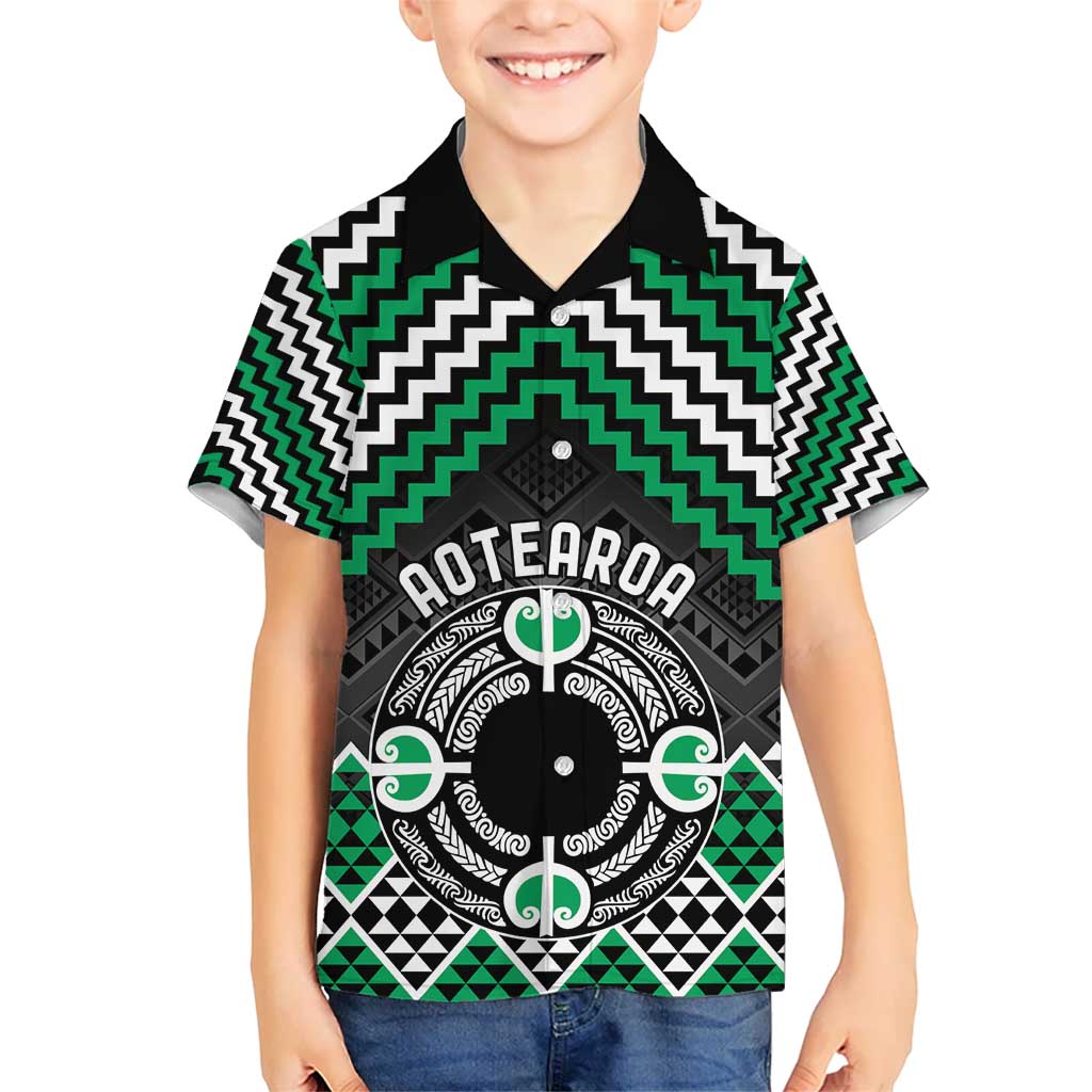 Personalised Aotearoa Niho Taniwha Motif Kid Hawaiian Shirt Green Style LT9 Kid Green - Polynesian Pride