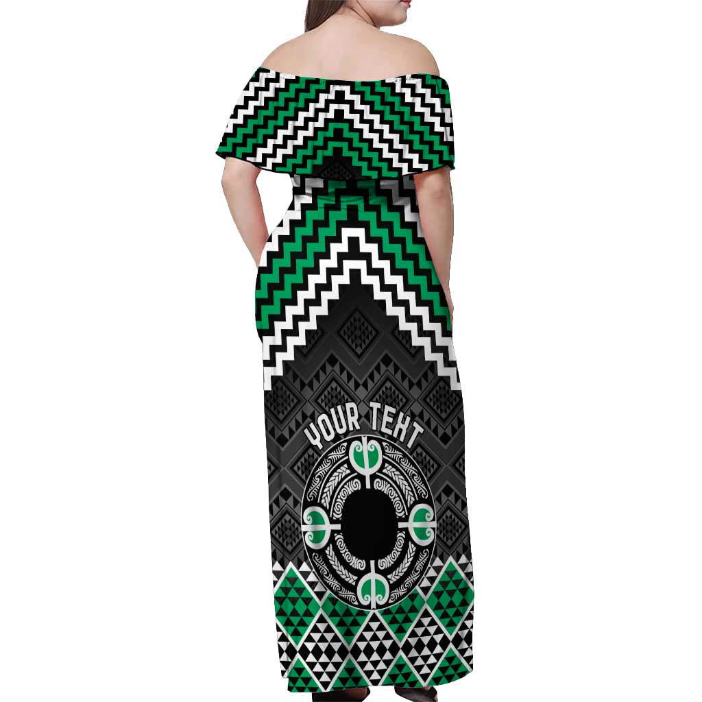 Personalised Aotearoa Niho Taniwha Motif Off Shoulder Maxi Dress Green Style