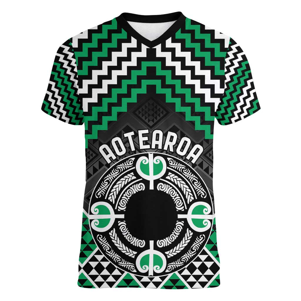 Personalised Aotearoa Niho Taniwha Motif Women V-Neck T-Shirt Green Style LT9 Female Green - Polynesian Pride