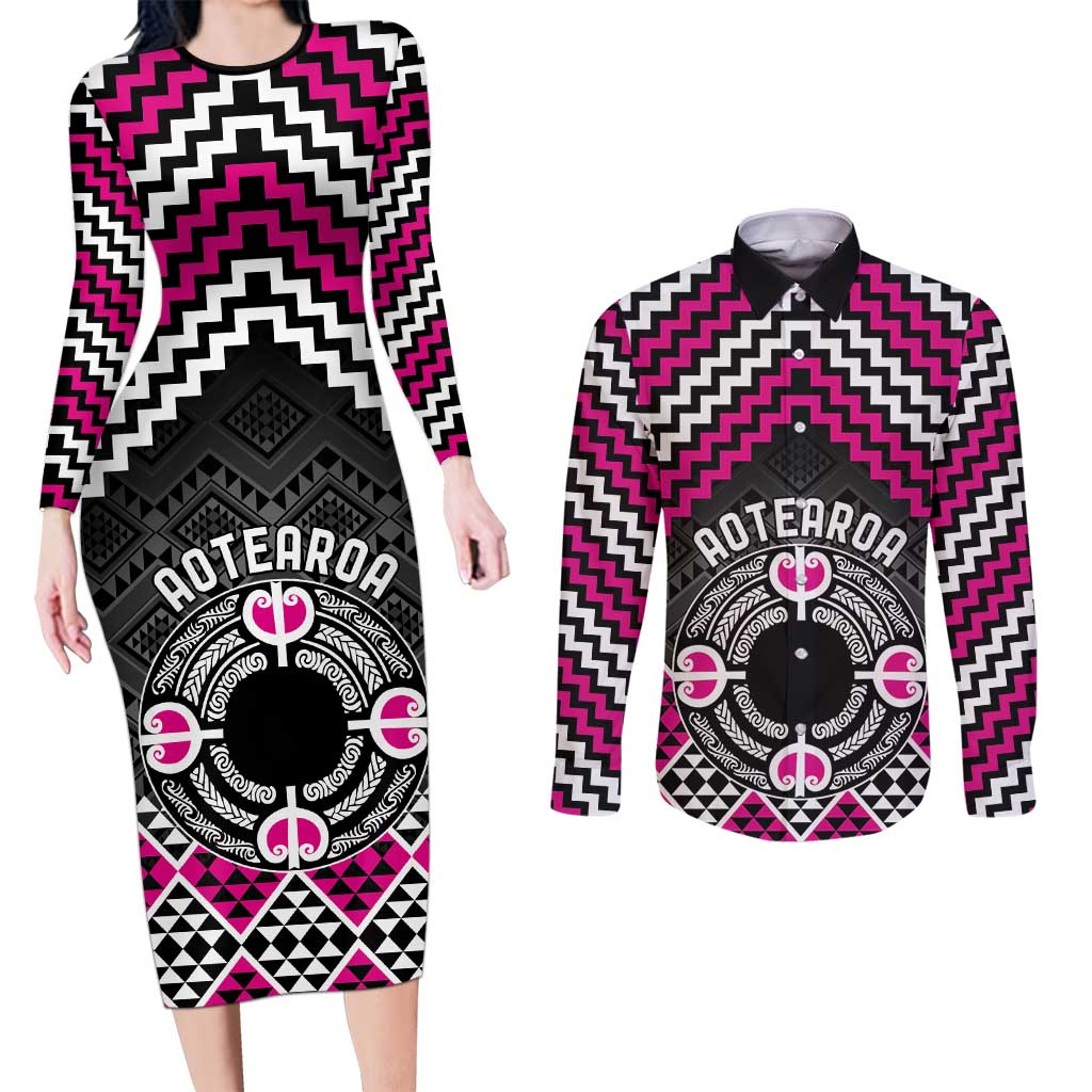 Personalised Aotearoa Niho Taniwha Motif Couples Matching Long Sleeve Bodycon Dress and Long Sleeve Button Shirt Pink Style LT9 Pink - Polynesian Pride