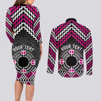 Personalised Aotearoa Niho Taniwha Motif Couples Matching Long Sleeve Bodycon Dress and Long Sleeve Button Shirt Pink Style LT9 - Polynesian Pride