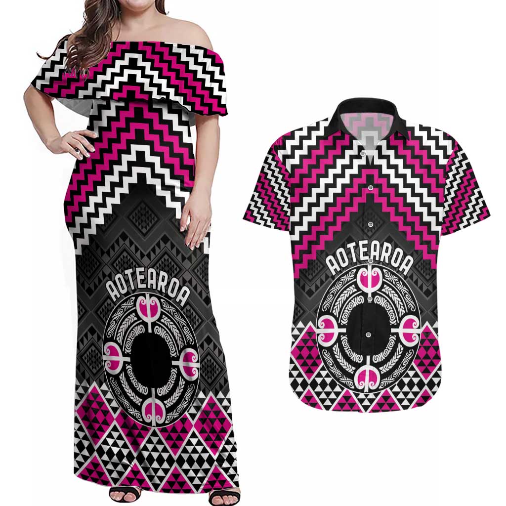 Personalised Aotearoa Niho Taniwha Motif Couples Matching Off Shoulder Maxi Dress and Hawaiian Shirt Pink Style LT9 Pink - Polynesian Pride