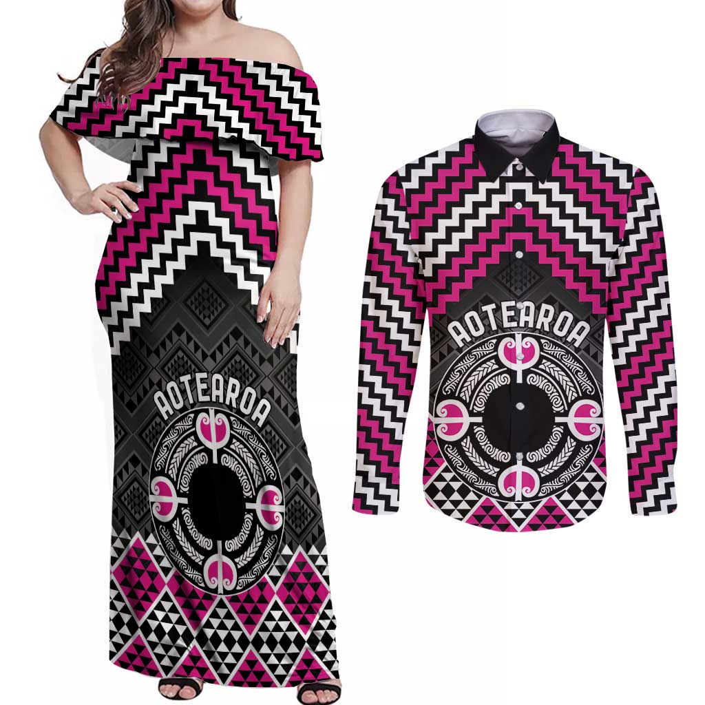Personalised Aotearoa Niho Taniwha Motif Couples Matching Off Shoulder Maxi Dress and Long Sleeve Button Shirt Pink Style