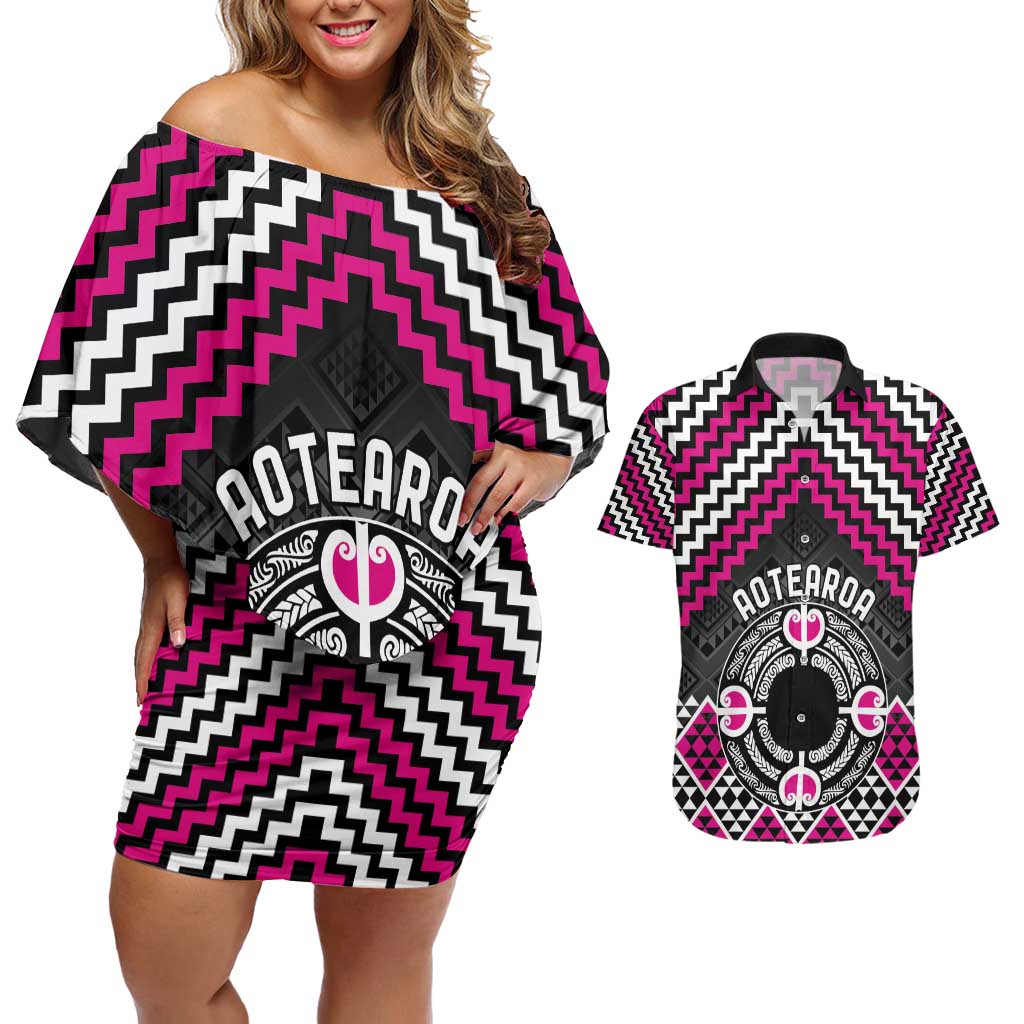Personalised Aotearoa Niho Taniwha Motif Couples Matching Off Shoulder Short Dress and Hawaiian Shirt Pink Style LT9 Pink - Polynesian Pride