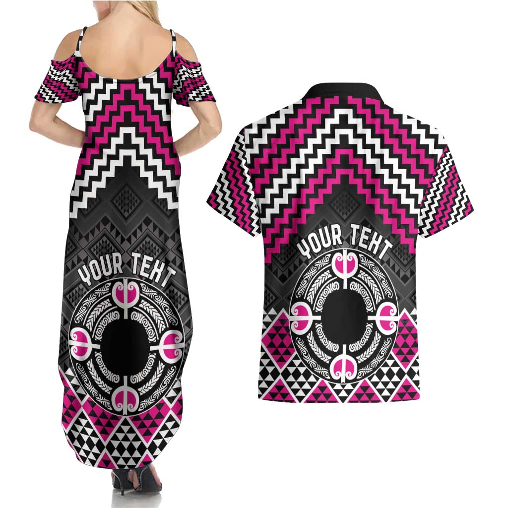 Personalised Aotearoa Niho Taniwha Motif Couples Matching Summer Maxi Dress and Hawaiian Shirt Pink Style LT9 - Polynesian Pride