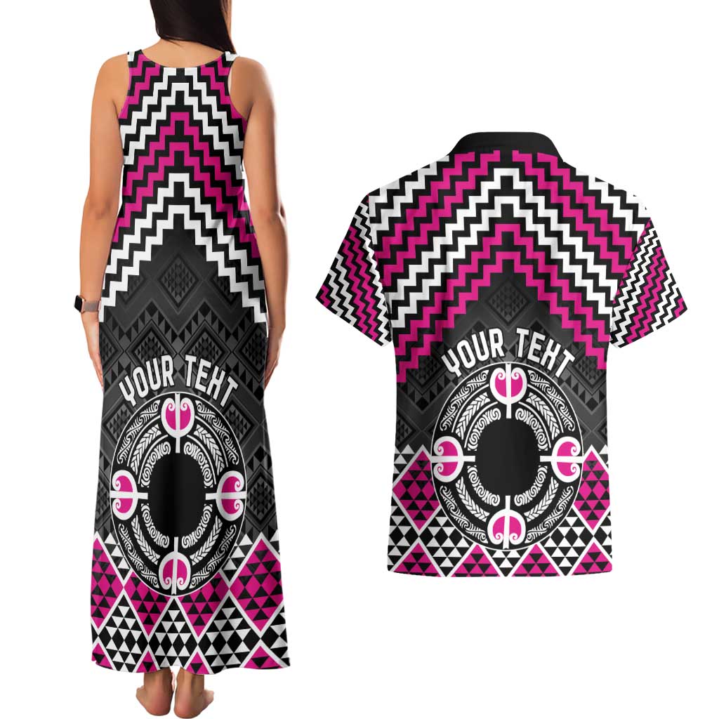 Personalised Aotearoa Niho Taniwha Motif Couples Matching Tank Maxi Dress and Hawaiian Shirt Pink Style LT9 - Polynesian Pride