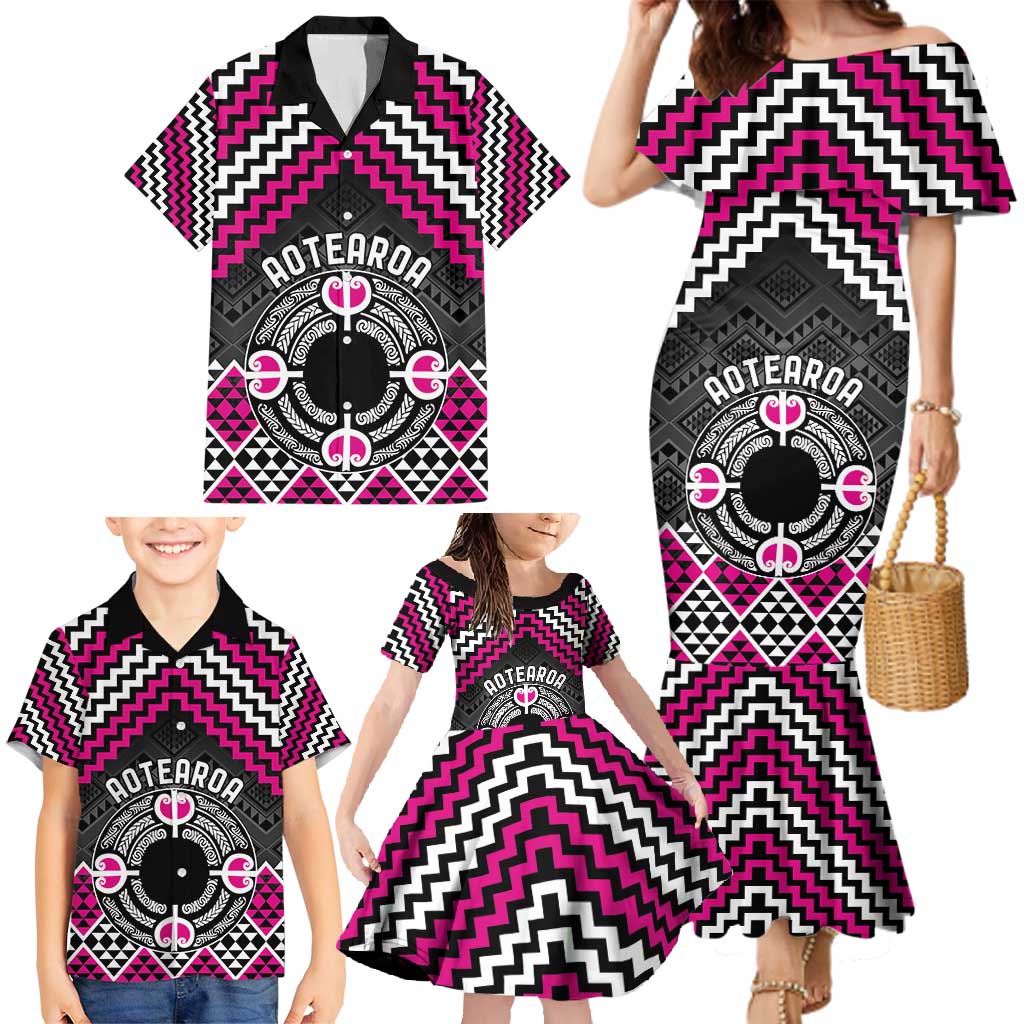 Personalised Aotearoa Niho Taniwha Motif Family Matching Mermaid Dress and Hawaiian Shirt Pink Style LT9 - Polynesian Pride