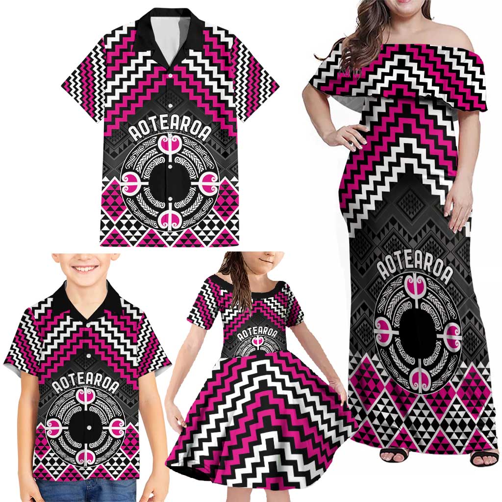 Personalised Aotearoa Niho Taniwha Motif Family Matching Off Shoulder Maxi Dress and Hawaiian Shirt Pink Style LT9 - Polynesian Pride