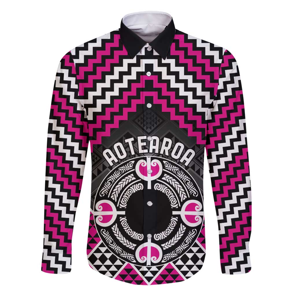 Personalised Aotearoa Niho Taniwha Motif Family Matching Off Shoulder Maxi Dress and Hawaiian Shirt Pink Style LT9 Dad's Shirt - Long Sleeve Pink - Polynesian Pride