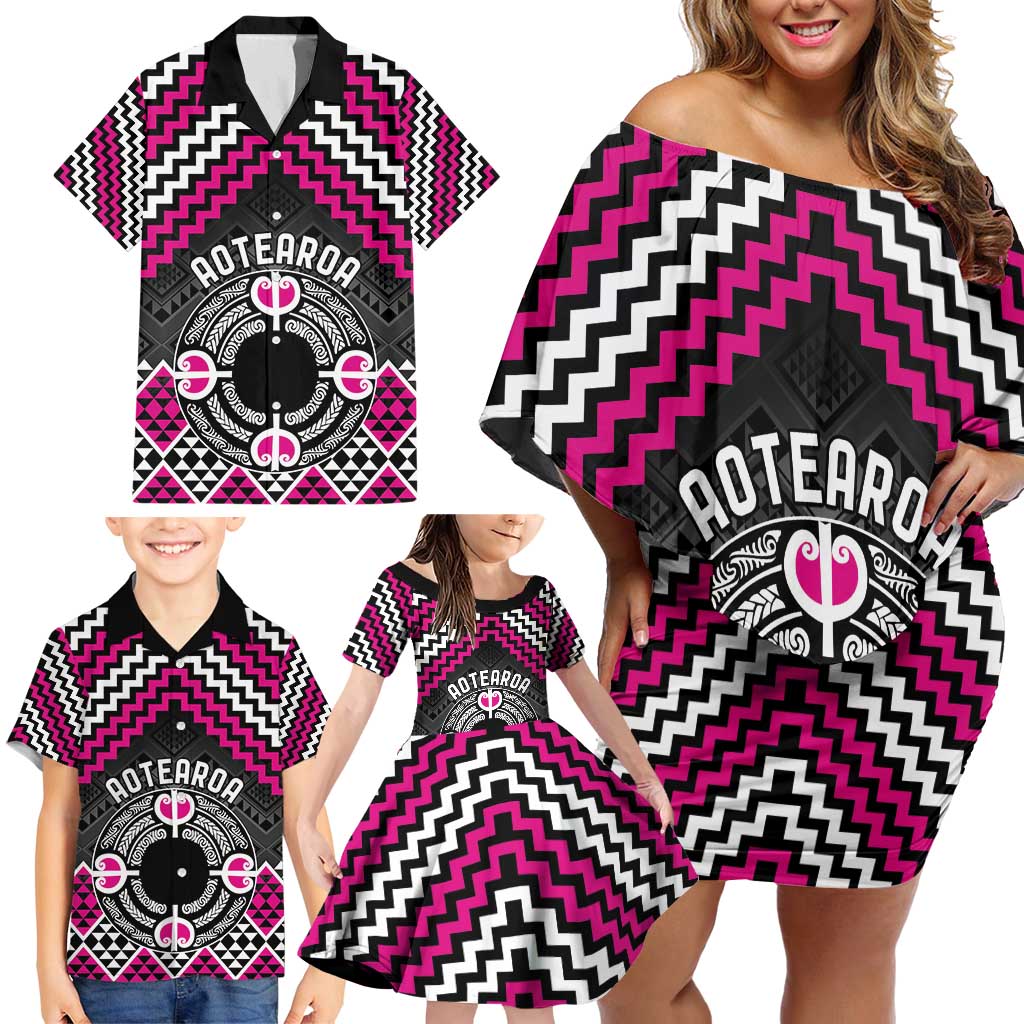 Personalised Aotearoa Niho Taniwha Motif Family Matching Off Shoulder Short Dress and Hawaiian Shirt Pink Style LT9 - Polynesian Pride