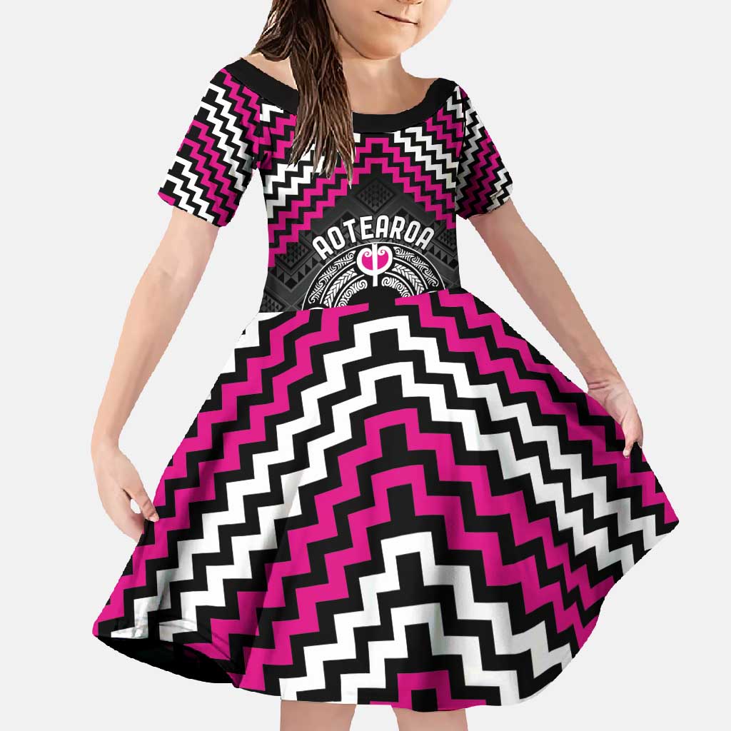 Personalised Aotearoa Niho Taniwha Motif Family Matching Short Sleeve Bodycon Dress and Hawaiian Shirt Pink Style LT9 Daughter's Dress Pink - Polynesian Pride